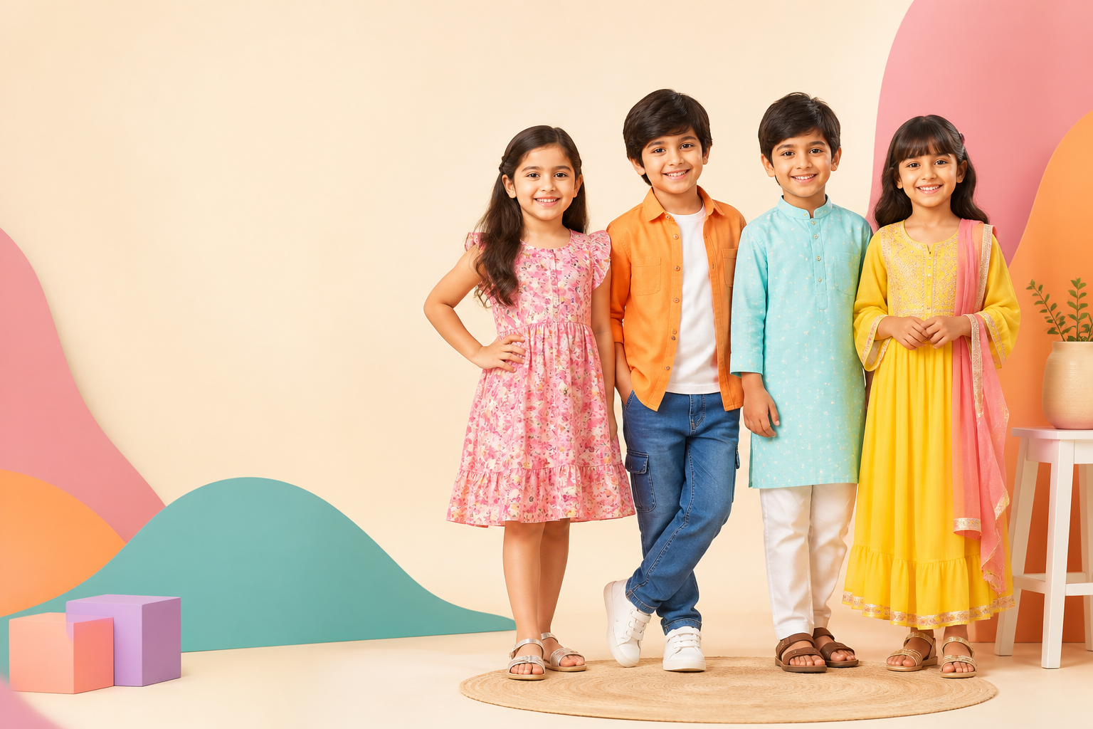 Happy children wearing colorful KapdaWear outfits
